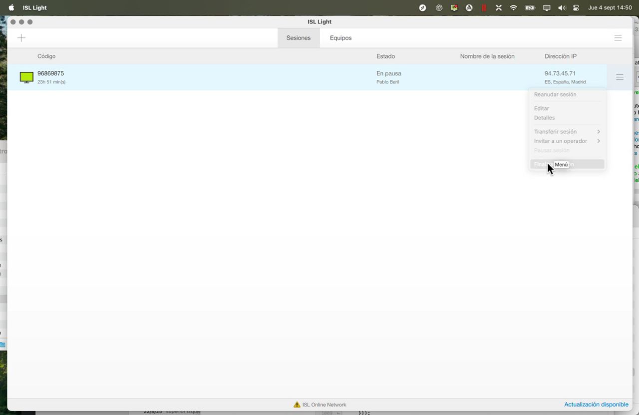 Captura para el paso: Acceder al menú contextual de la sesión