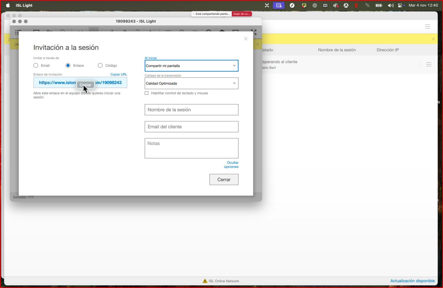 Captura para el paso: Copiar el enlace de la sesión